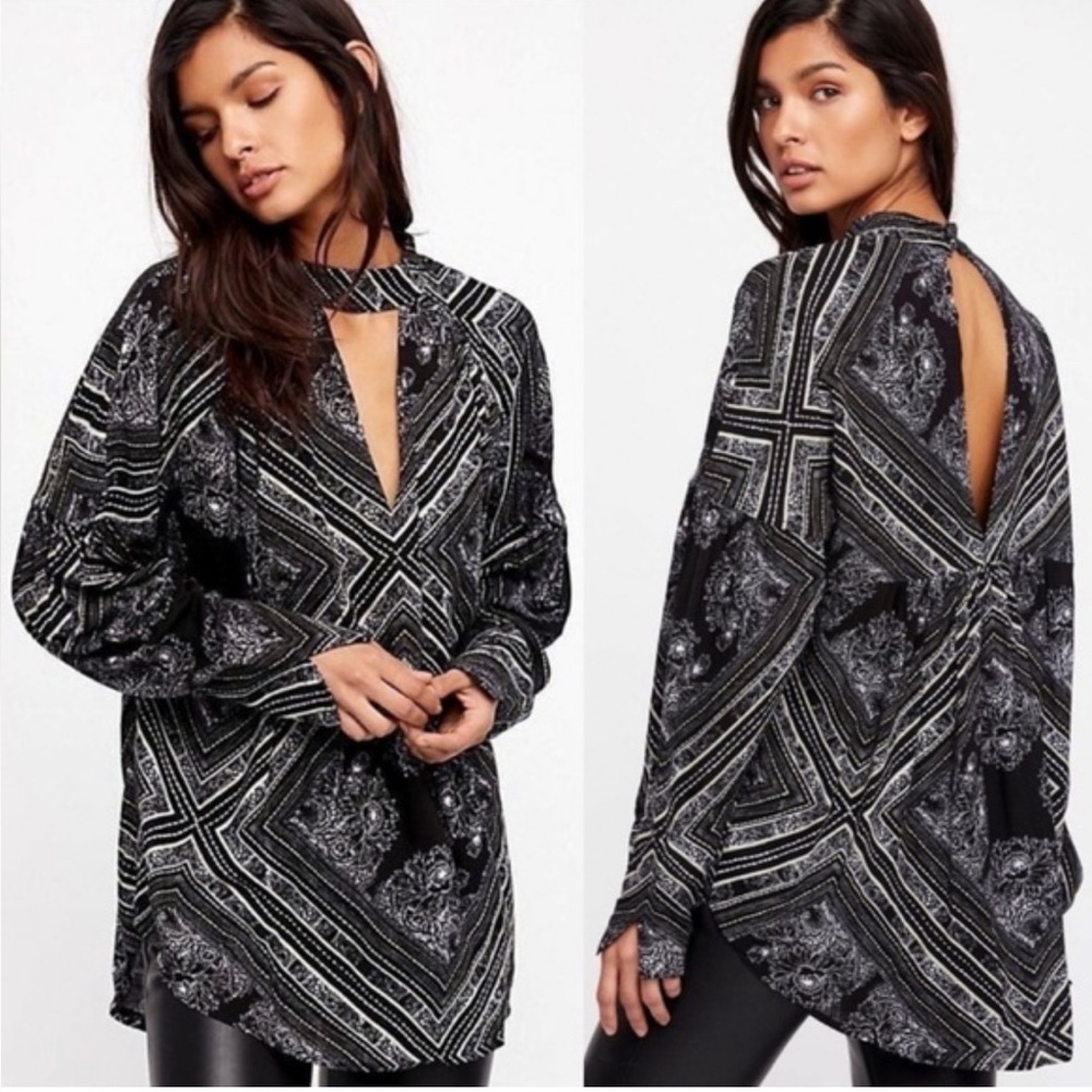 FREE PEOPLE Keyhole Tunic Top | Black Print | Size Medium